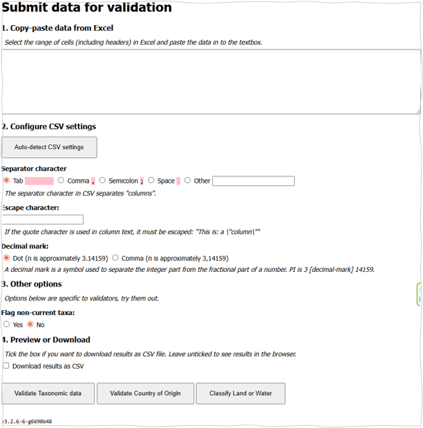 The Validator Tool's landing page showing the empty paste area and the three validation buttons