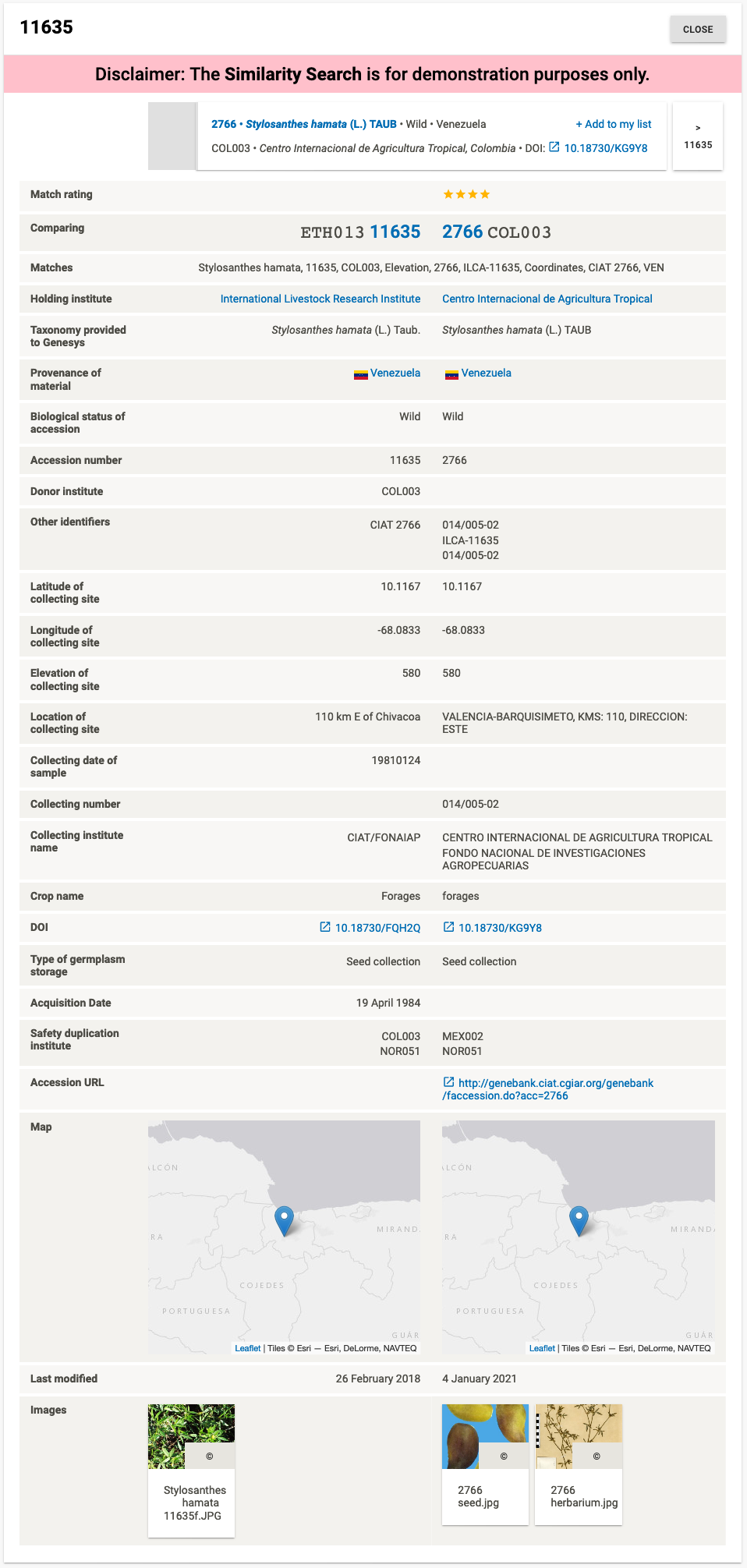 Side-by-side comparison of the selected accession and a candidate match