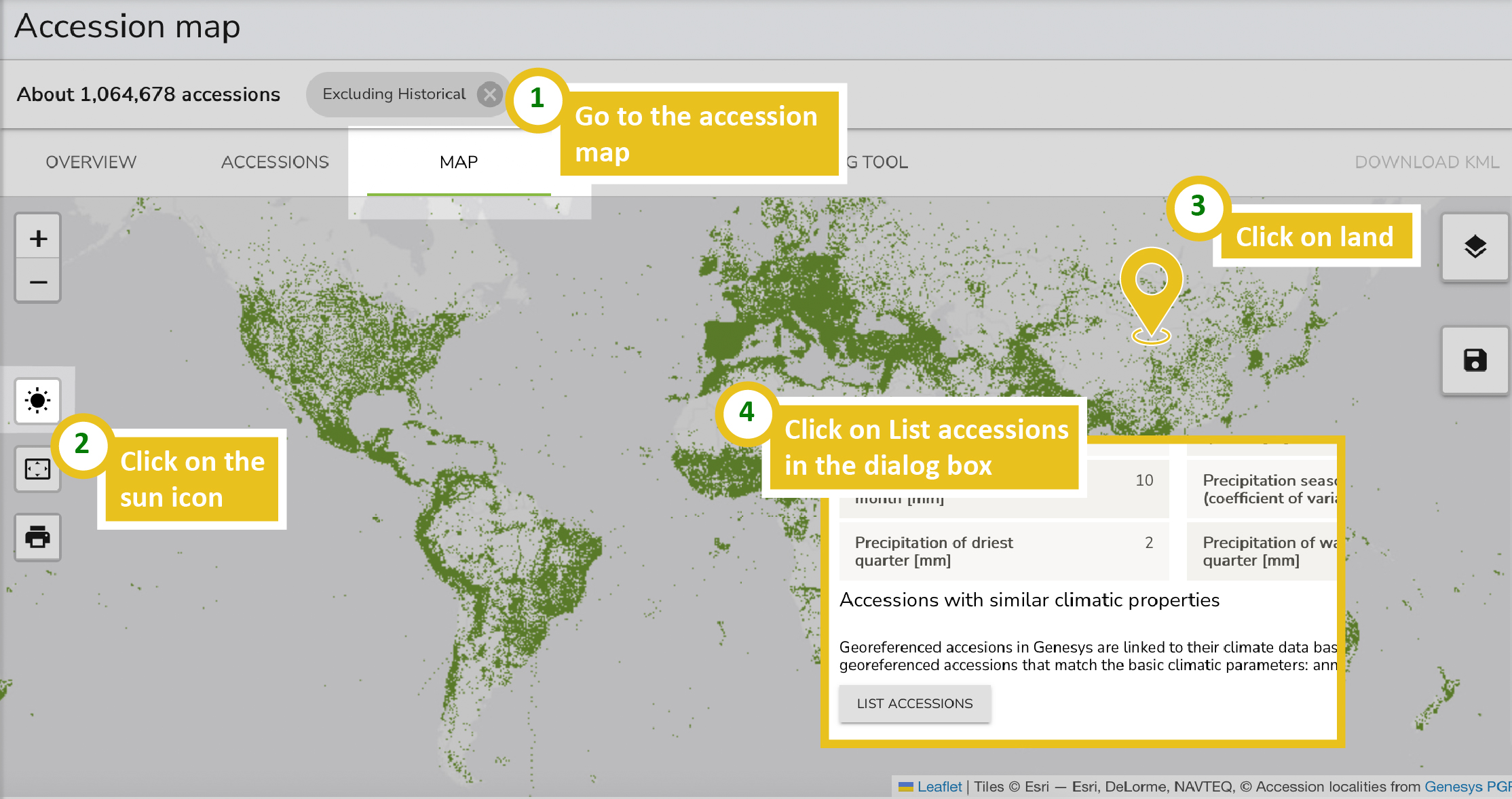 Selecting a point on the map to view climate data and find matching accessions