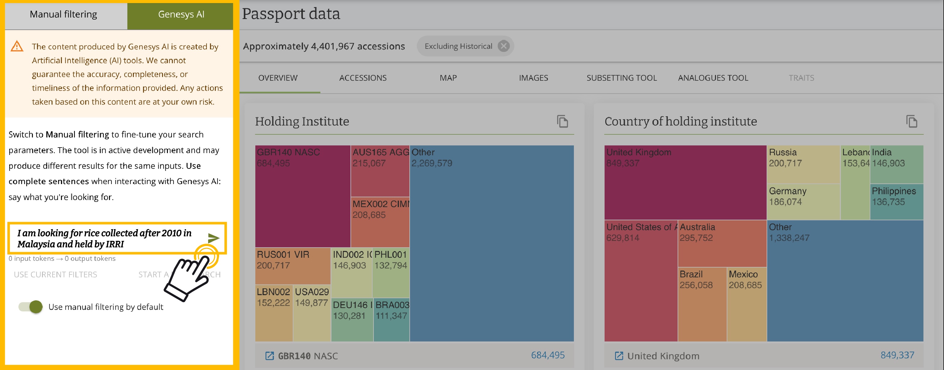 The Genesys AI panel showing a natural language query about rice accessions from Malaysia, with the passport data view visible in the background