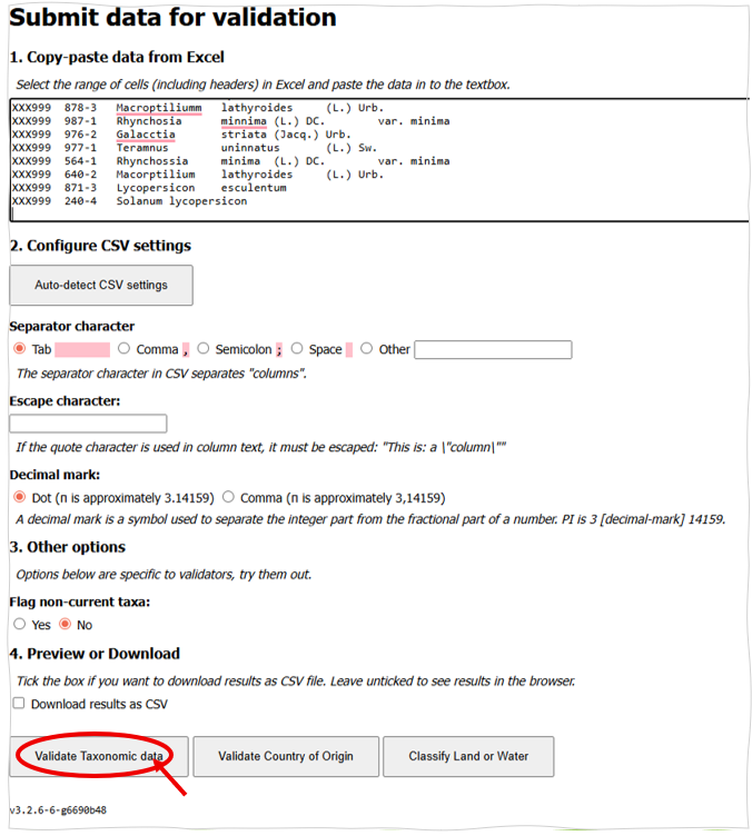 Taxonomy columns pasted into the validator with the Validate Taxonomic data button highlighted