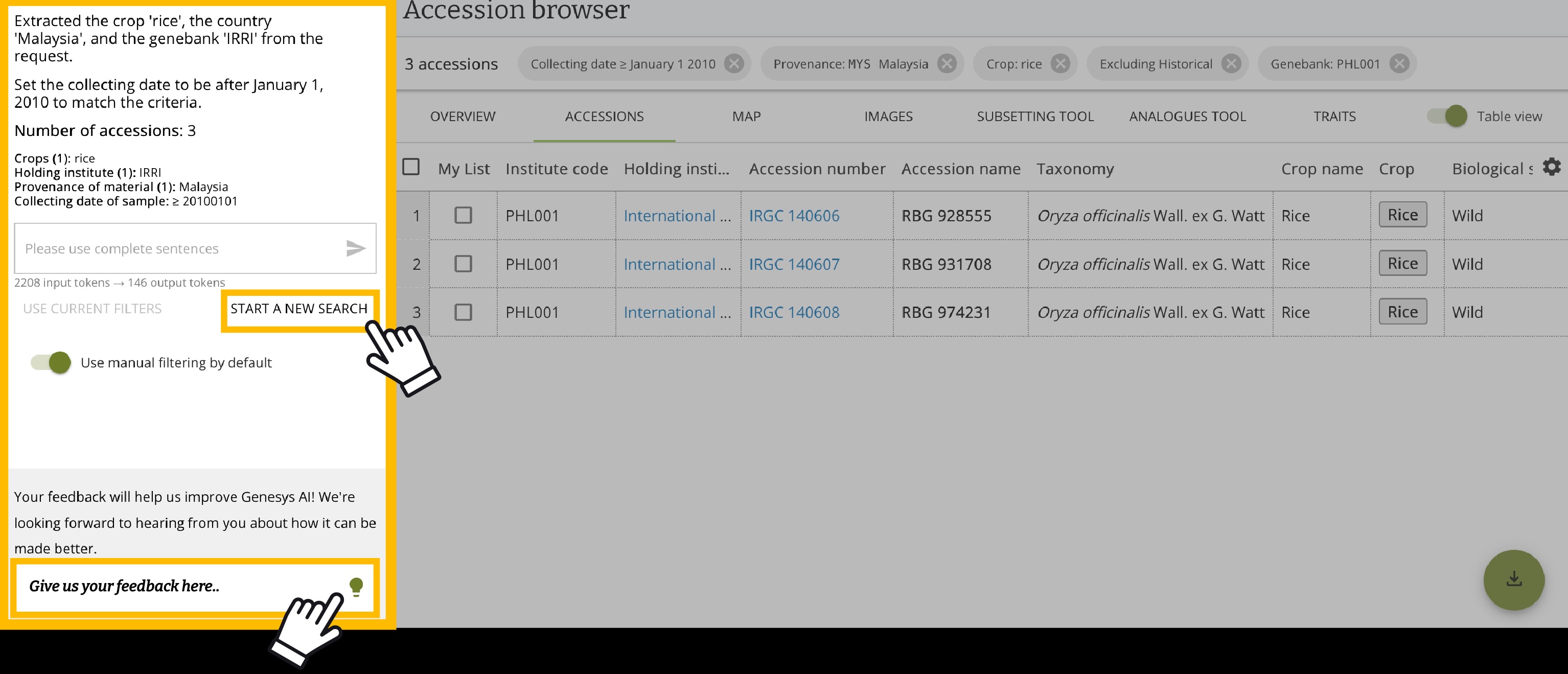 The Genesys AI results panel showing how the query was interpreted, with extracted parameters and matching accessions displayed in the browser