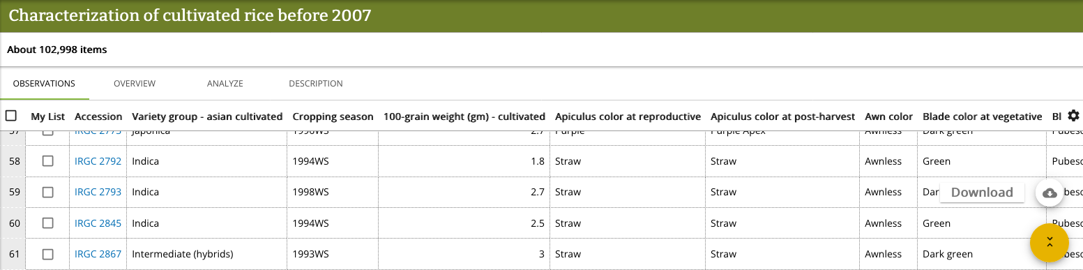 Grid detail showing accession information and selection checkboxes