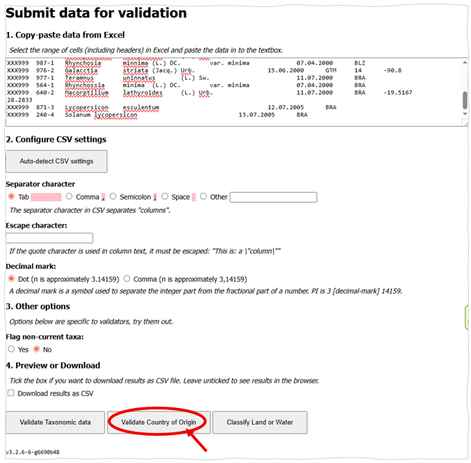 Country and coordinate columns pasted into the validator with the Validate Country of origin button highlighted