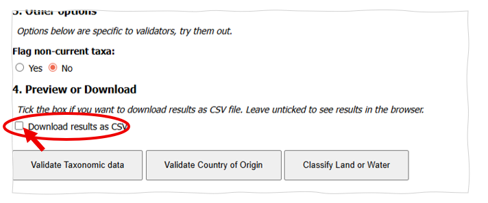 The Download results as CSV checkbox in the validator's output panel