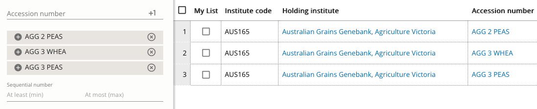 Accession number range filter