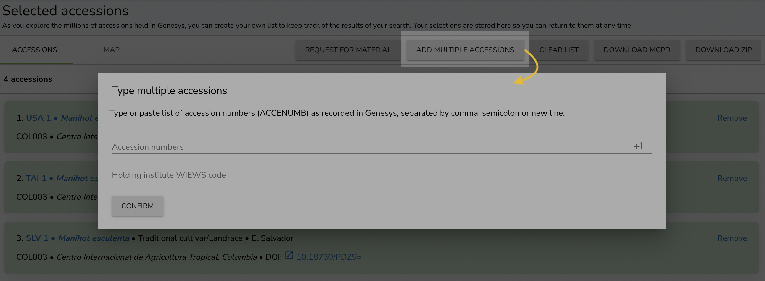 Add multiple accessions