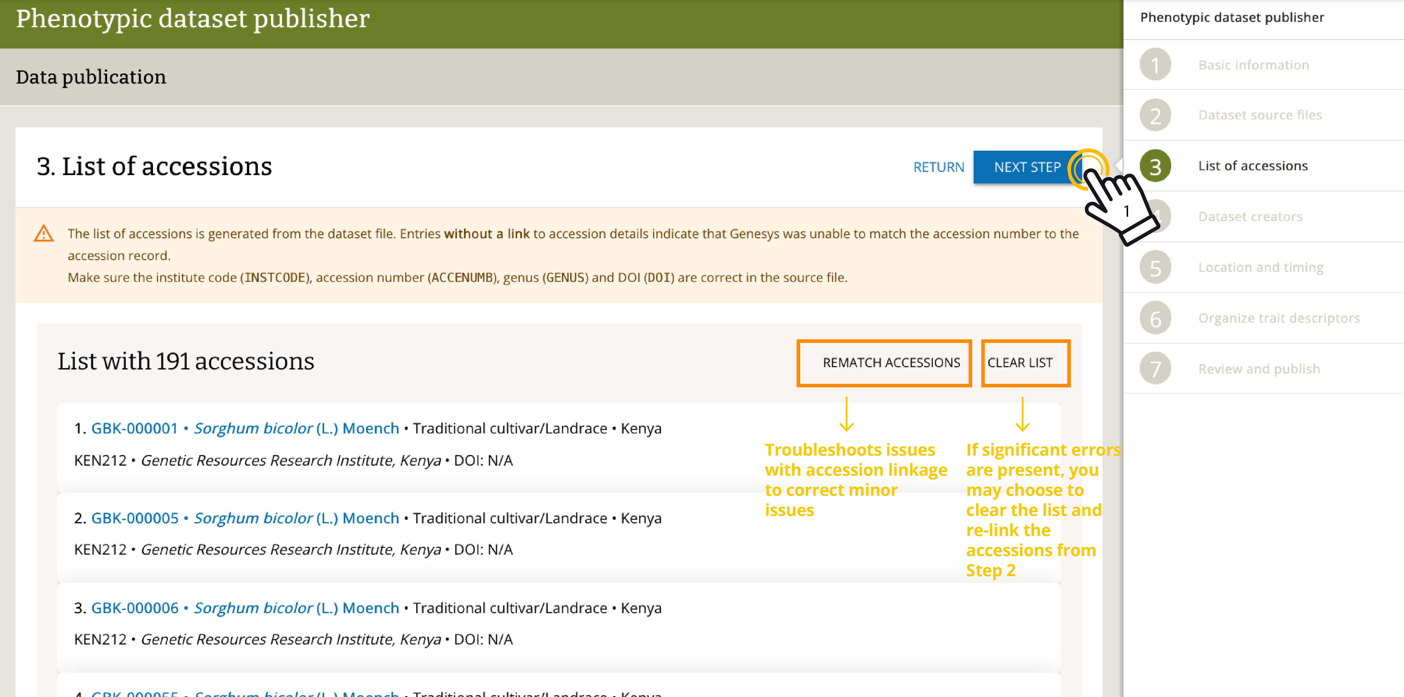 Review the list of accessions