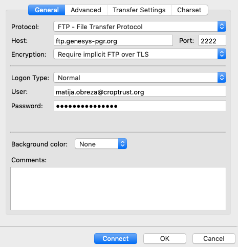 Site configuration in Filezilla