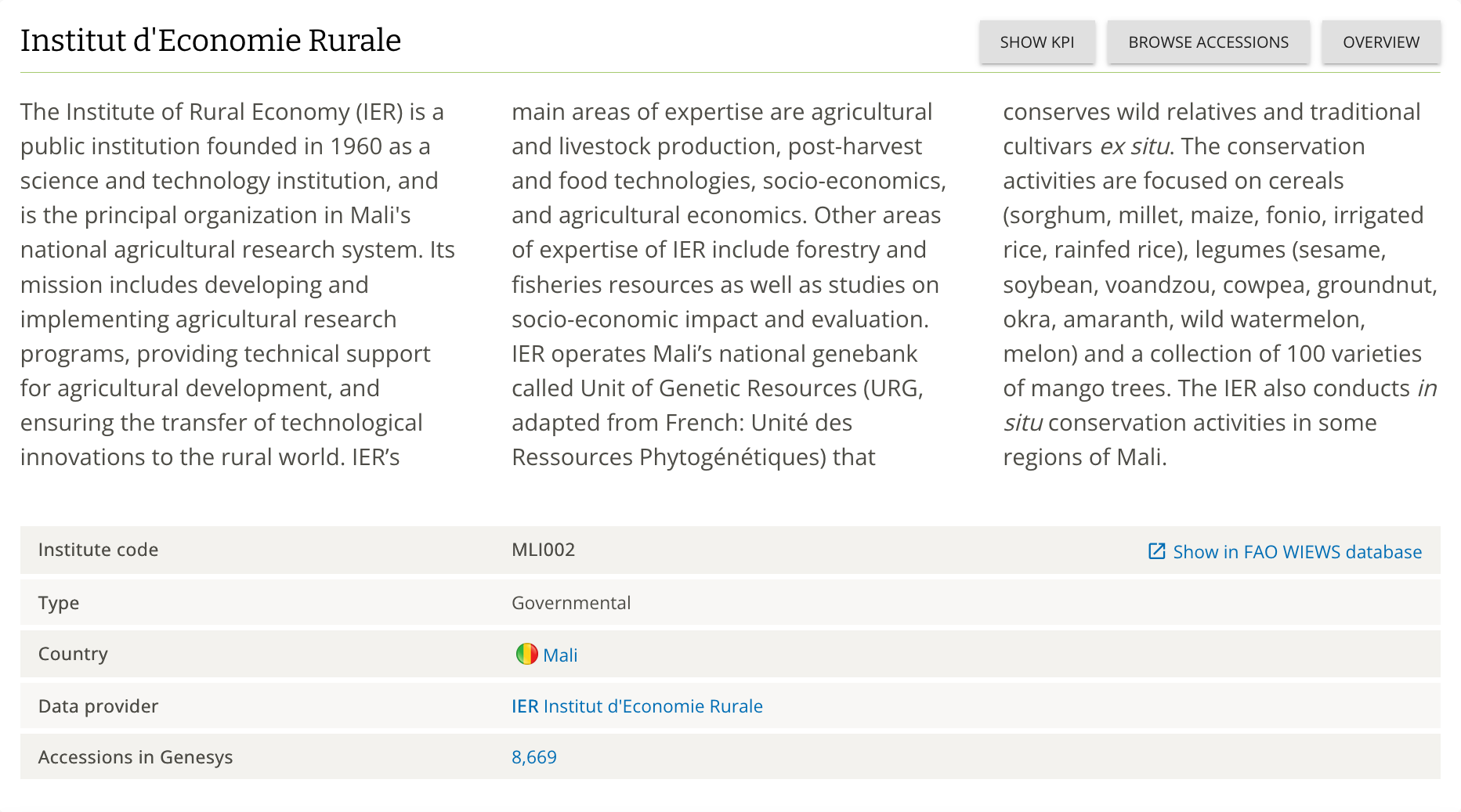 Institute info page showing name, WIEWS code, type, country, description, and accession count