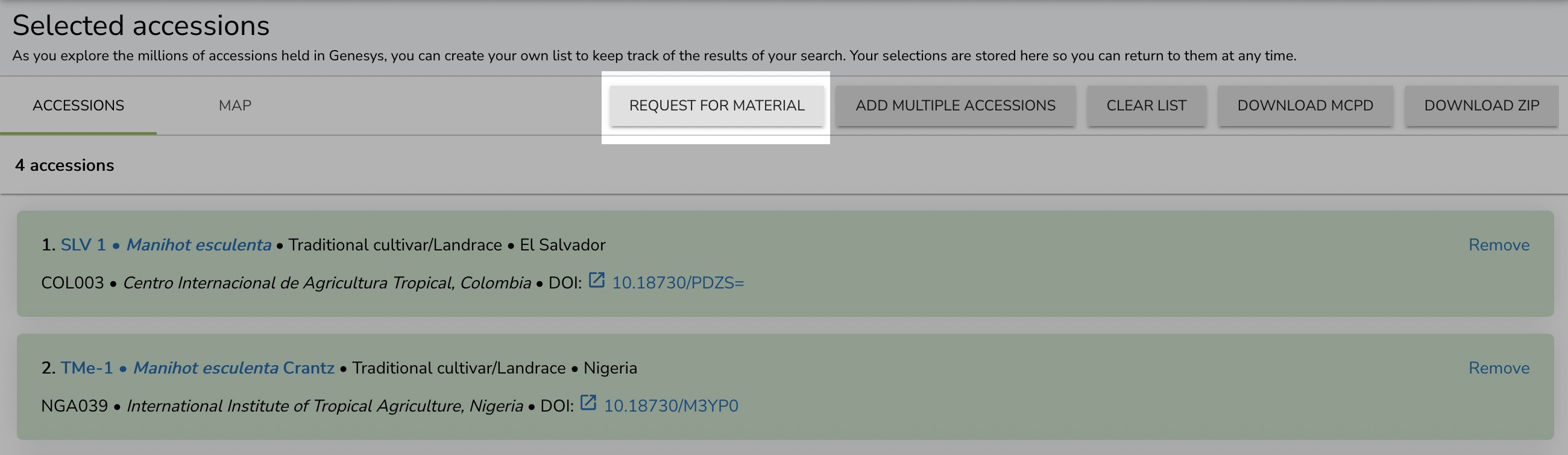 Request for material button