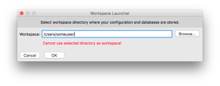 Invalid workspace folder selection